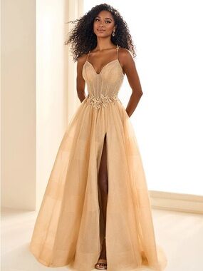 ellie wilde Gold Champagne Beaded Prom Gown with Floral Waist